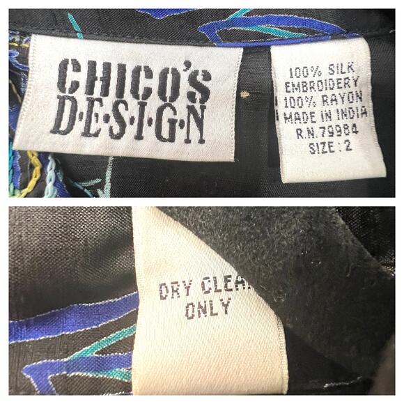 Chico's Design 100% SILK Black Embroidered Floral Button-Up Blouse Sz 2 (L/12) - Picture 6 of 7